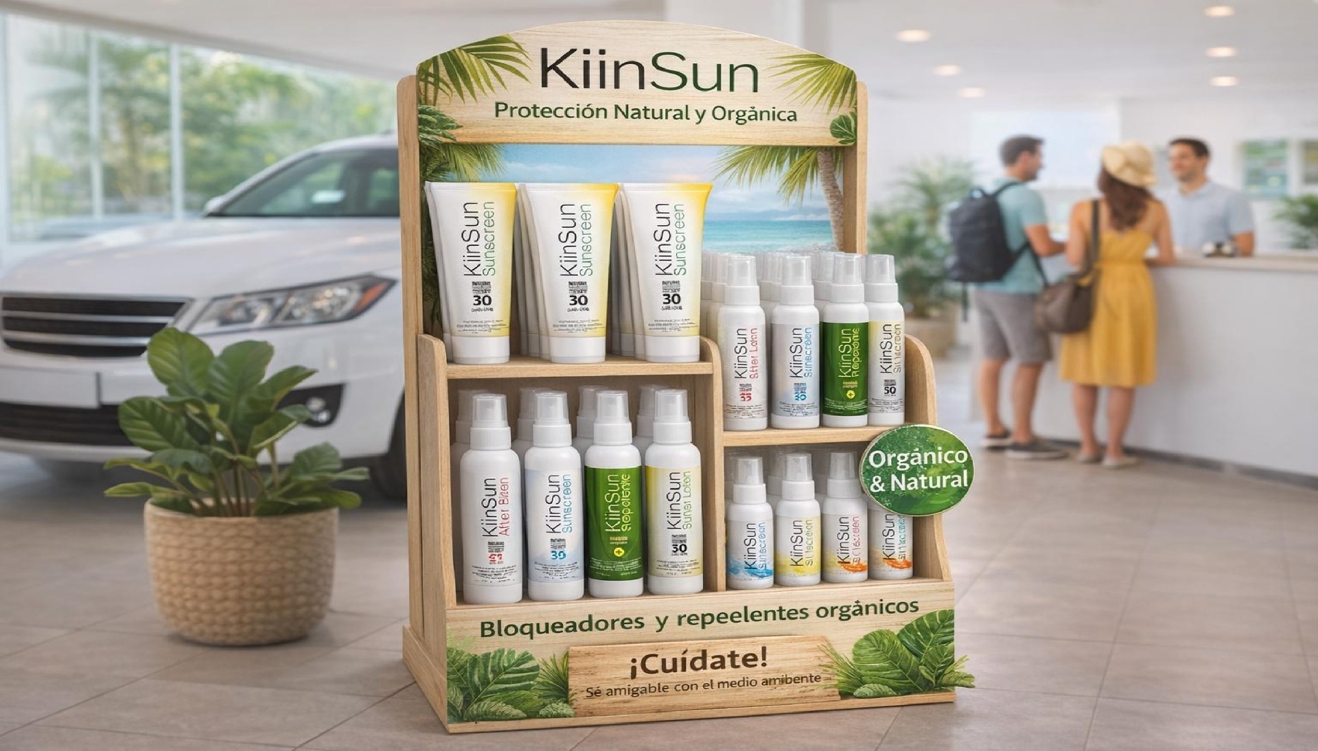 Display de madera KiinSun con productos en hotel y agencia